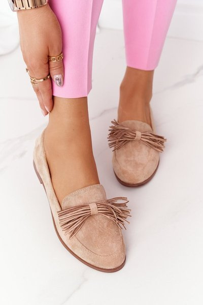 Suede Women's Loafers With Fringes Beige Alicante
