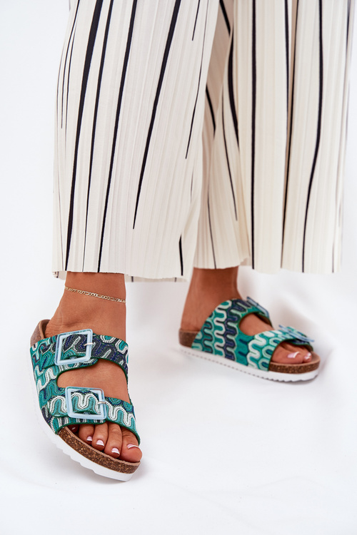 Klapki Damskie Z Brokatem I Klamrami Zielone S.Barski RB51-006