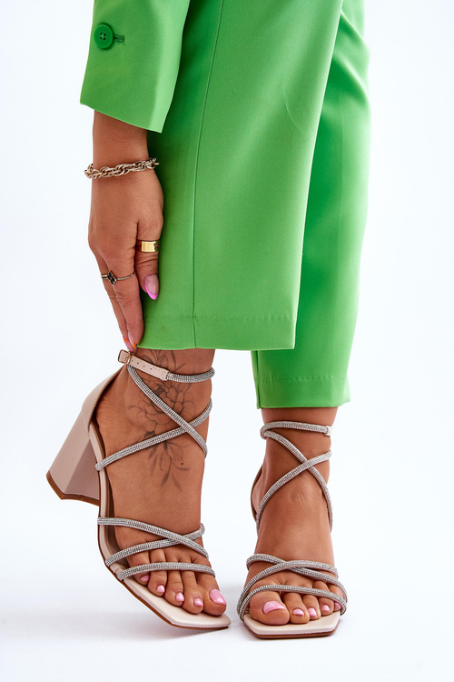 Sandały Skóra Damskie Cyrkonie Obcas Beżowe Liviano