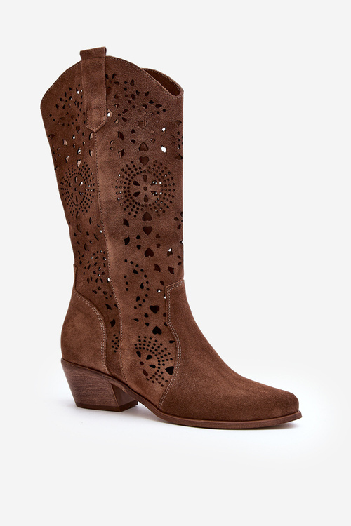 Kozaki Ażurowe Do Połowy Łydki Zamsz Zazoo 3396 Brązowe