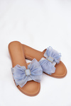 Women Flat Heel Slippers With Tulle Bow Denim Tanira