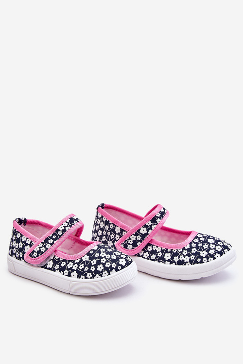 Children's Velcro Ballerinas In Print Navy Blue And Pink Selah 