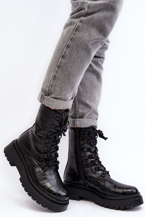 Women's Workery Boots with Decorative Embossing Black Tarolia