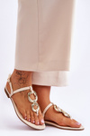 Leather Flat Heel Flip Flops Beige Keep Going