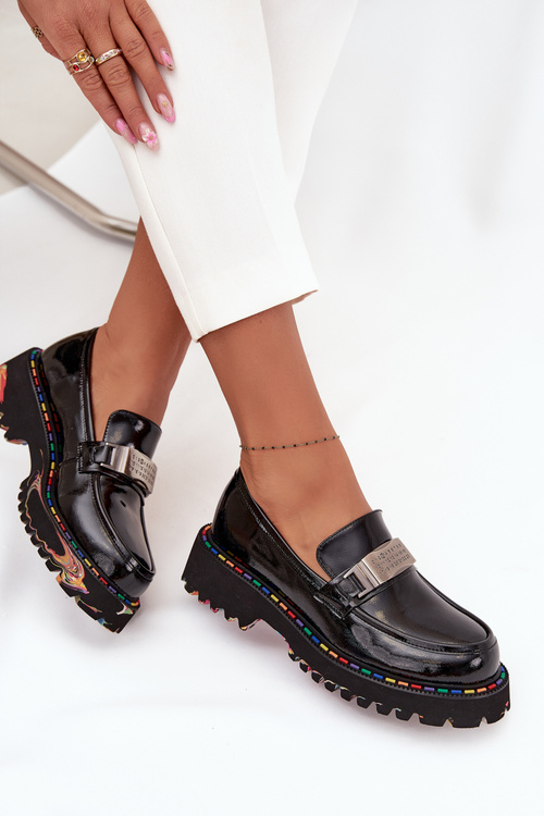 Damskie Półbuty Mokasyny Lakierowana Skóra Ozdoba Czarne Artiker 57C0070