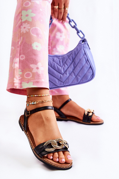 Women's Sandals On Flat Heels With A Chain Black Minevra