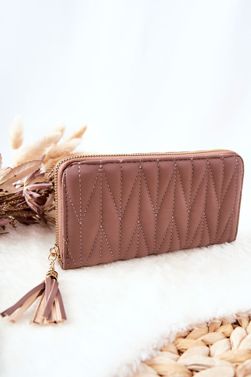 Large Quilted Zip Wallet with Strap Cappucino