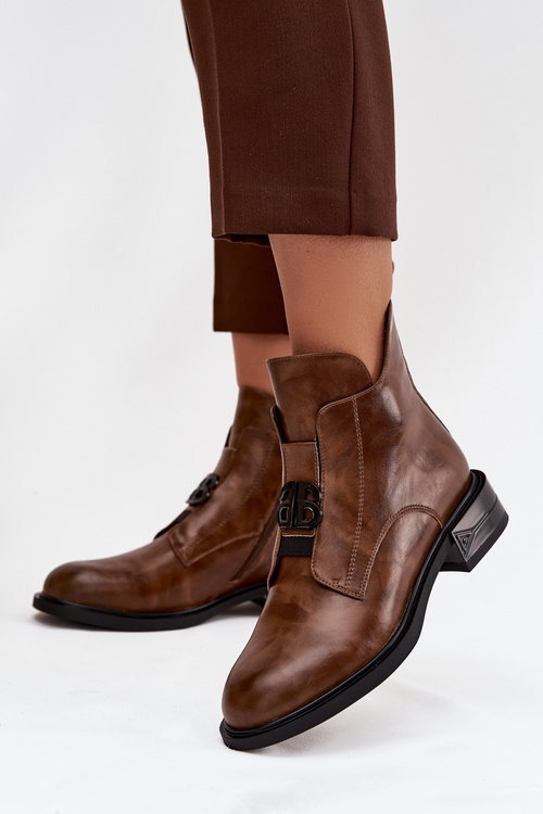 Damskie Botki Skóra Naturalna Ozdobny Detal Niski Obcas Brązowe Briselda