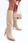 Leather Heeled Over-the-Knee Boots Beige Serpens