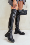 Eko Skórzane Kozaki Z Cholewką Za Kolano Na Płaskim Obcasie Czarne Mesiga