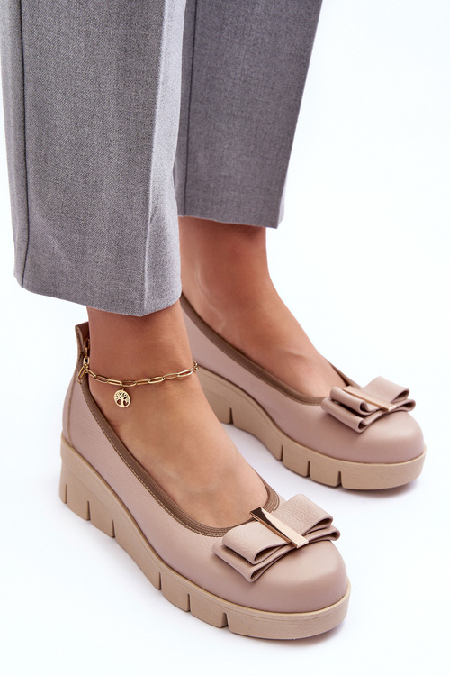 Leather Platform Ballet Flats with Ornament Beige Lewski 3384