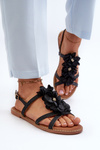 Women's Flat Sandals Adorned with Black Flowers Abidina