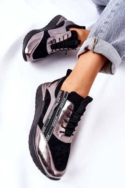 Leather Sport Shoes Sneakers Black and Silver Minor