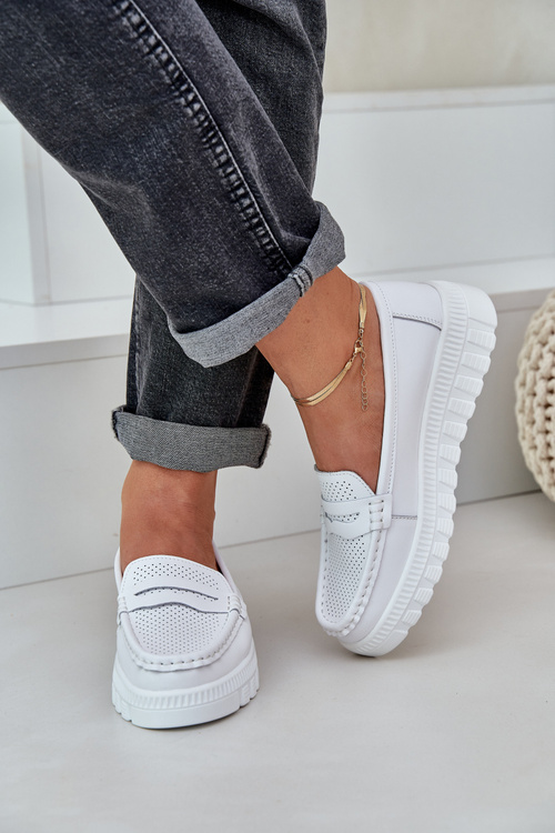 Women's Leather Moccasins On Platform And Wedge White Elanindel