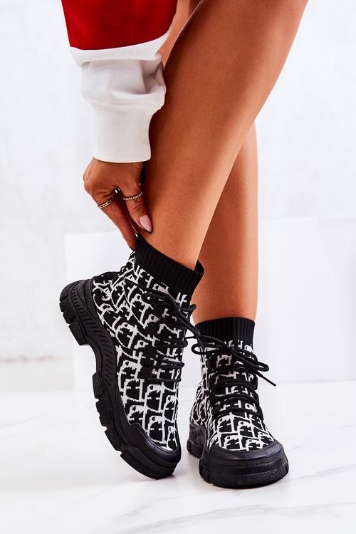 Buty Sportowe Wiązane Skarpetka Czarno-Białe Kandice