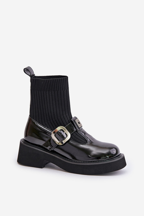 Wsuwane Botki Ze Skarpetą I Klamrą Lakierowane Czarne MR880-076