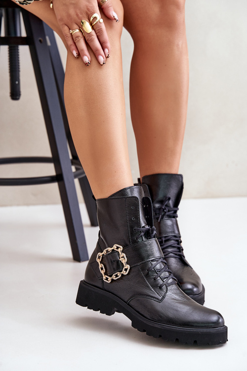 Lacquered Ankle Boots With Decorative Buckle Black Zazoo