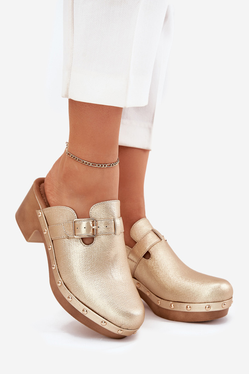 Damskie Chodaki Klapki Na Obcasie Eko Skóra Pasek Z Klamrą Złote Veldexina