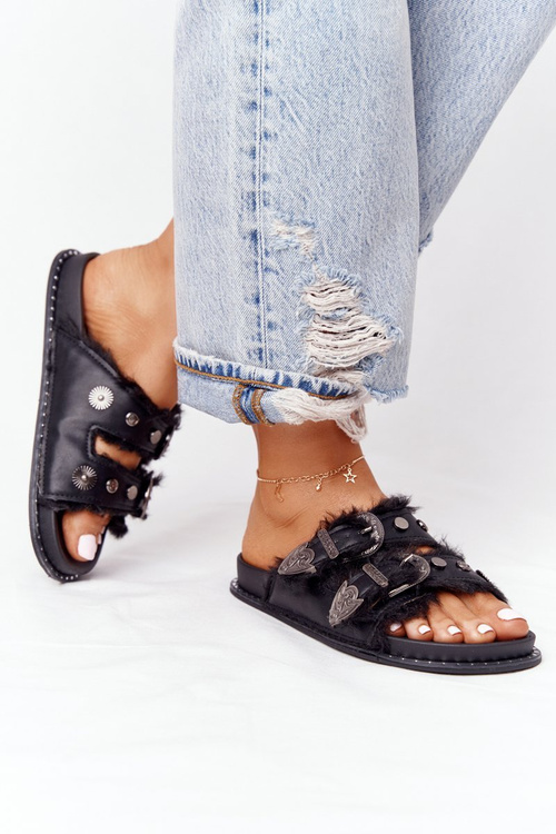 Slippers With Clasps And Fur Black Lydia
