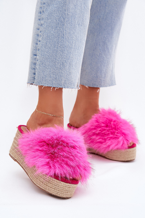Women's Wedge Slippers With Fur And Weaving Fuchsia Virela