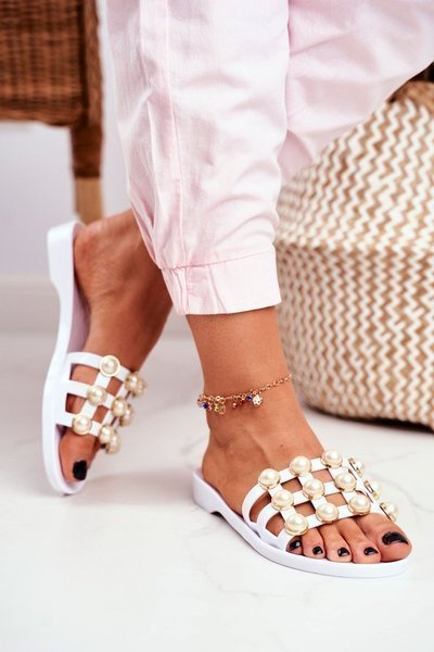 Women's Rubber Pearls White Slippers Estelle