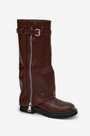 Women's Boots with Turned-up Shaft Buckle and Silver Zipper Insulated Brown Bressa