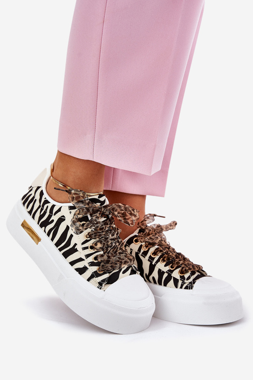 Women's Sneakers On Massive Platform With Decorative Lacing Zebra Black-Beige Zidora