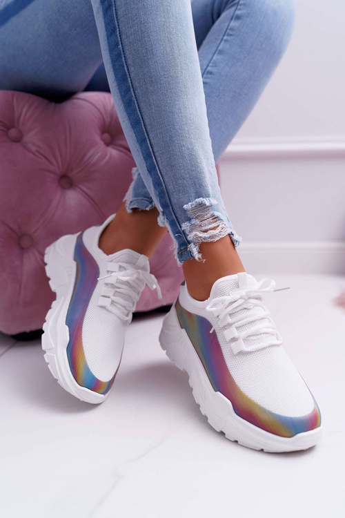 Sportowe Damskie Buty Gruba Podeszwa Holograficzne Białe Party Up