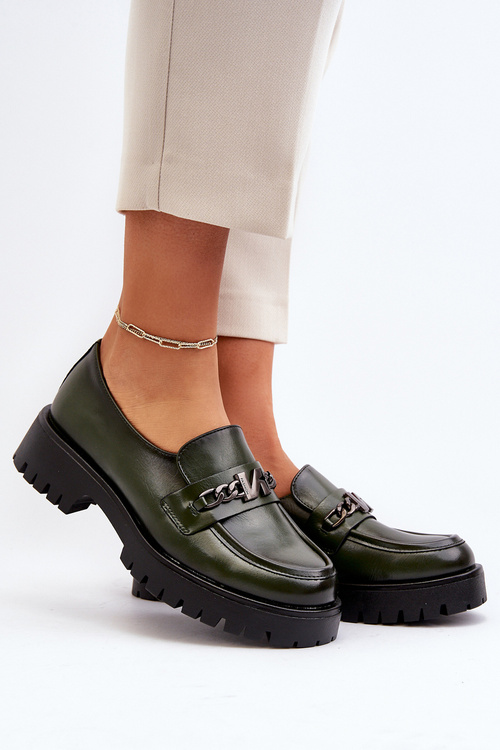 Women's Leather Moccasins with Decoration Dark Green Loraleima