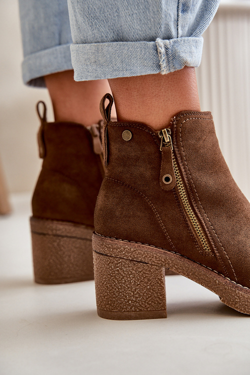 Damskie Ocieplane Botki Eko Zamszowe Na Słupku Ciemnobrązowe Velarilla