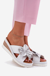 Leather Women's Slippers On Wedge With Decorative Flower Artiker White-Silver 54C0538