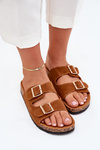 Women's Slippers With Golden Buckles And Stitching Camel Lunera