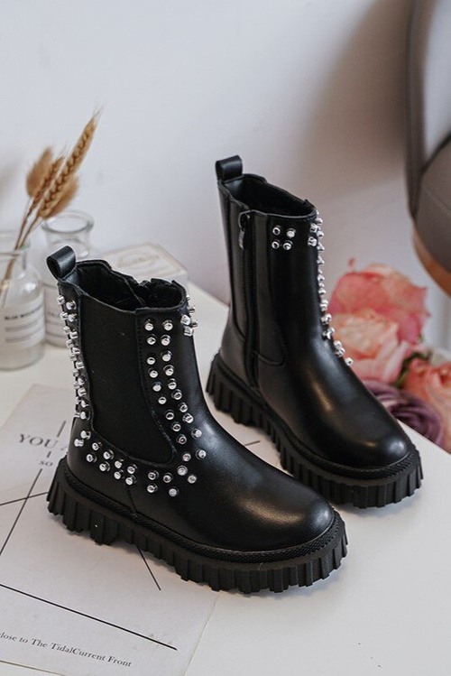 Girls' Heeled Ankle Boots Decorated with Rhinestones Black Adelie