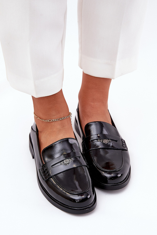 Elegant Patent Leather Women's Moccasins Made Of Natural Leather Vinceza 18100 Black