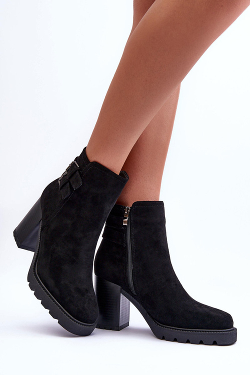 Botki Obcas Zamsz Czarne Makeline H8-526