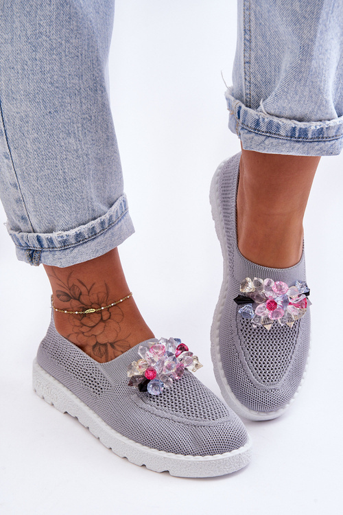 Tenisówki Damskie Wsuwane Z Kamieniami Szare Simple JY303