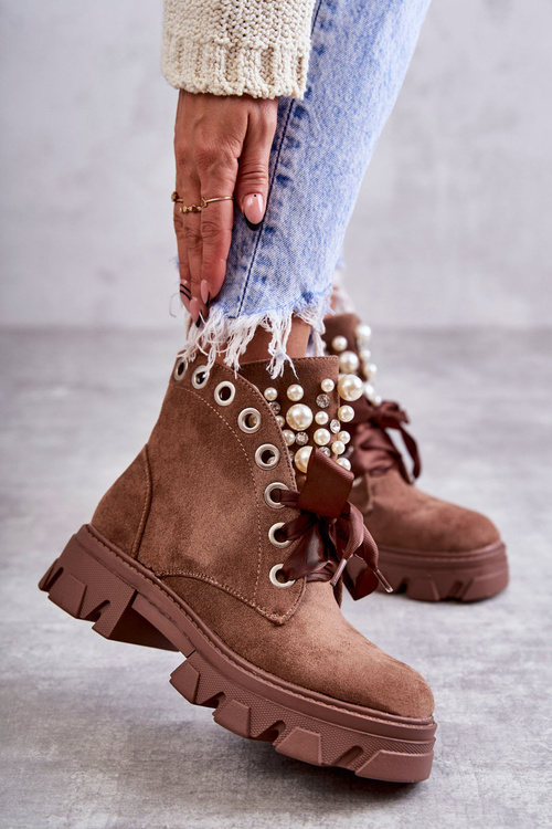 Suede Warm Boots With Pearls Brown Roco