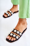Women's Leather Slippers With Decorative Pearls Black Lasello