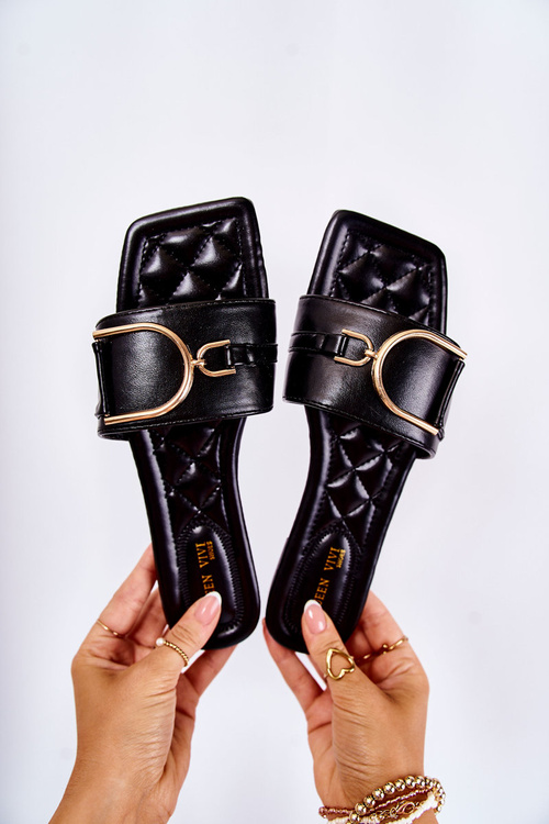 Women's Classic Leather Slippers With Decoration Black Shilla