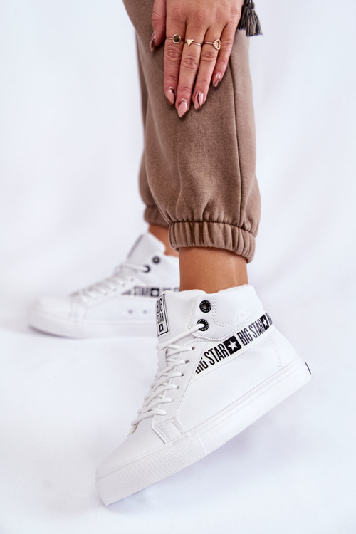 Damskie Wysokie Ocieplane Skórzane Trampki Big Star EE274356 Białe