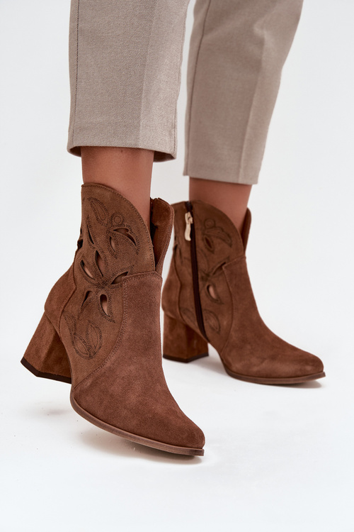 Suede Perforated Women's Ankle Boots on Heel Zazoo 3647 Brown
