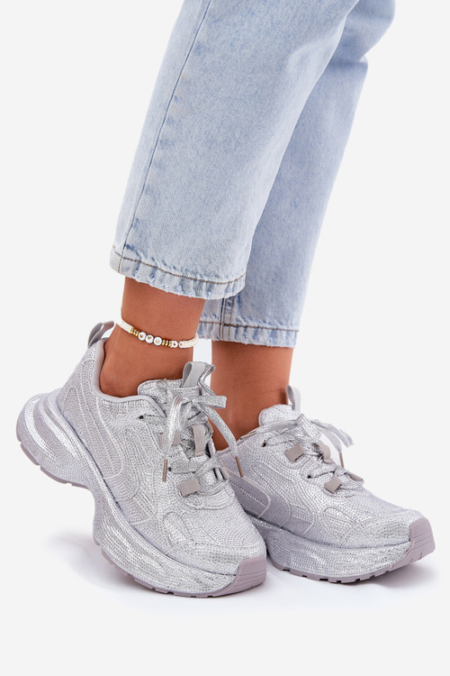 Women's Sneakers Decorated with Rhinestones Silver Porrot