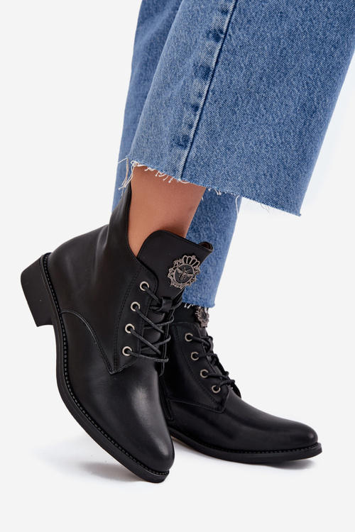 Low Women's Ankle Boots With Flat Heel With Decorative Detail Insulated Black Cylira