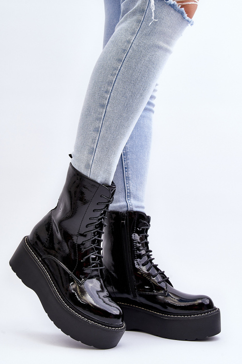 Women's Patent Leather Boots with Chunky Sole Black Movana
