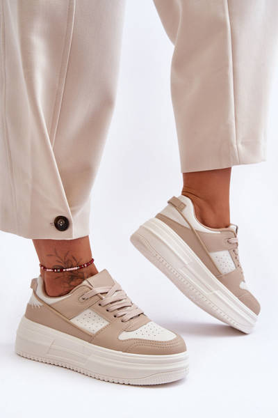 Buty Sportowe Damskie Skóra Masywna Platforma Beżowe Belisso EV-222