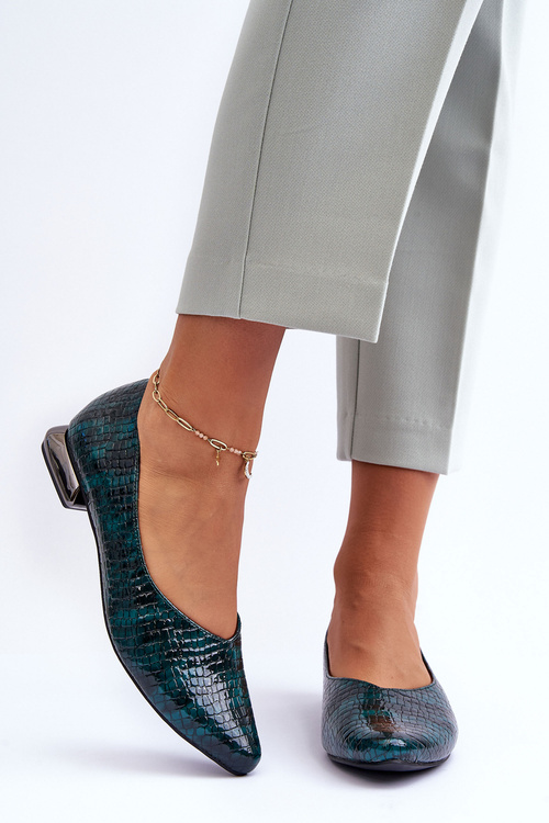 Leather Lacquered Ballet Flats on Flat Heel Dark Green Vaani 