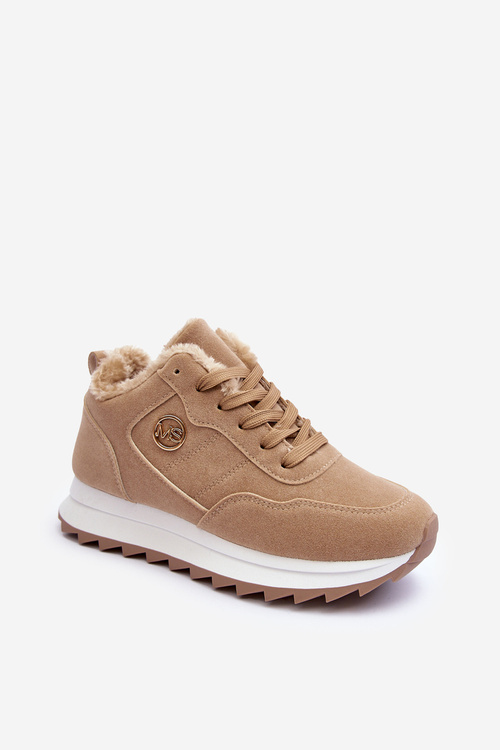 Buty Sportowe Ocieplane Platforma Skóra Ciemnobeżowe Adite TL233-63
