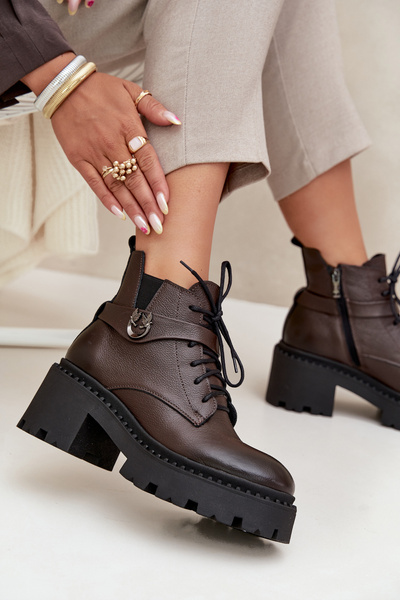 Leather Women's Block Heel Boots with Decorative Strap Lined Zazoo 60557 Chocolate