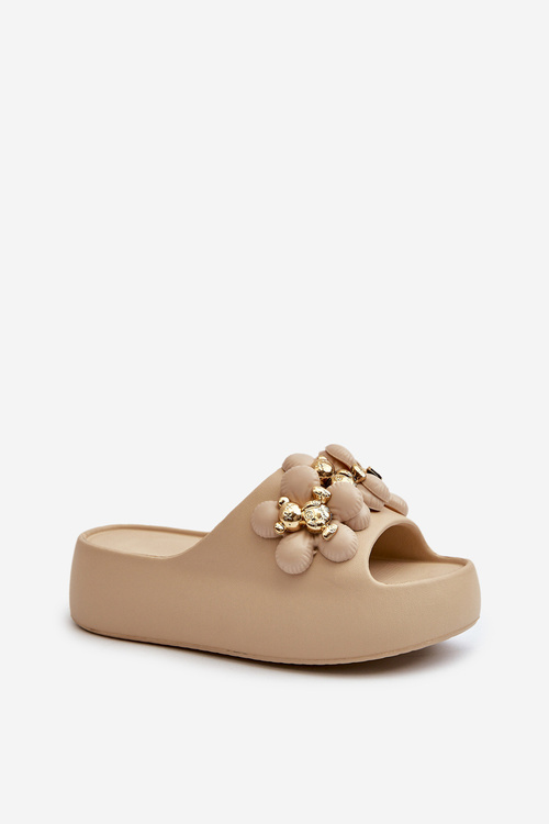 Women's Foam Slides With Decorations On Thick Sole Dark Beige Bremavia