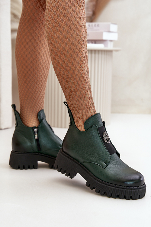 Zazoo 60451 Women's Leather Ankle Boots With Decoration Dark Green